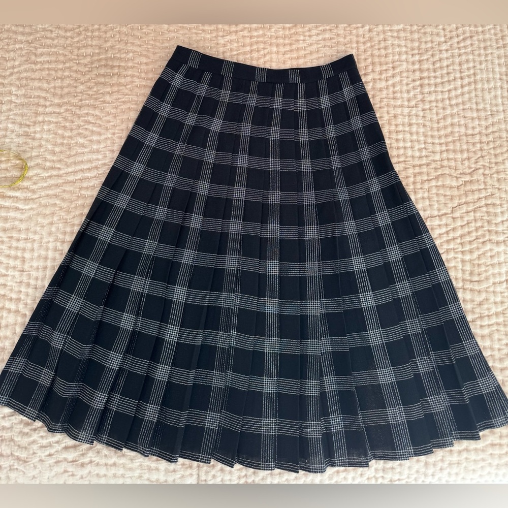 Valentino Boutique Black and Silver Pleated Checkered Midi Skirt